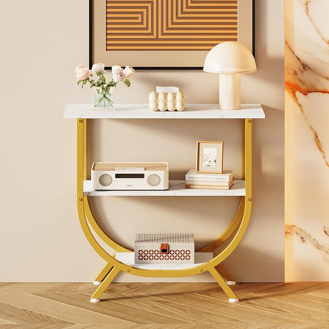 Trironsun 3 Tier Console Table with Storage 30" Height Entryway Table with Open Shelves Industrial Sofa Table Behind Couch for Living Room Hallway Entrance (Gold White)