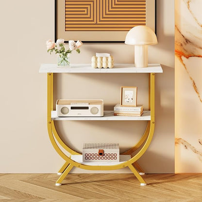Trironsun 3 Tier Console Table with Storage 30" Height Entryway Table with Open Shelves Industrial Sofa Table Behind Couch for Living Room Hallway Entrance (Gold White)