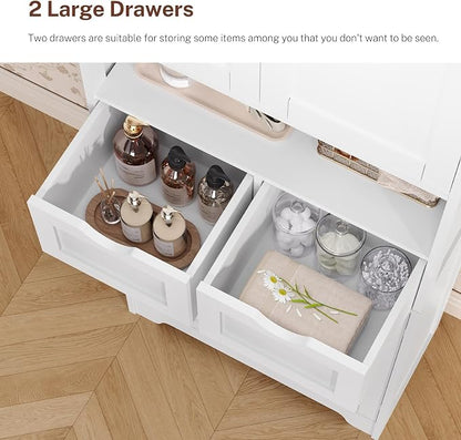 Iwell Tall Storage Cabinet with Adjustable Shelf & 2 Drawers, Kitchen Pantry Cabinet, Pantry Cabinets with 4 Doors, Tall Cabinets for Living Room, Kitchen, Bathroom, White