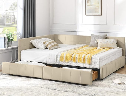 KEIKI Full Size L Shape Corner Bed Frames with 2 Storage Drawer, Backrest and Armrests, Velvet Upholstered Sofa Daybed for Small Room, Living Room, Bedroom, Guest Room, Kids' Room