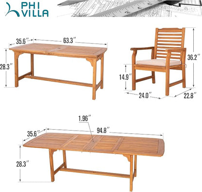 PHI VILLA 7pc Outdoor Dining Set, Expandable Wood Table w/Umbrella Hole | Acacia wood teak patio furniture set for 6. Perfect for patio, deck, porch, backyard. Chairs with cushions.