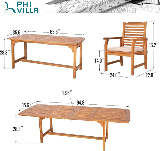 PHI VILLA 7pc Outdoor Dining Set, Expandable Wood Table w/Umbrella Hole | Acacia wood teak patio furniture set for 6. Perfect for patio, deck, porch, backyard. Chairs with cushions.
