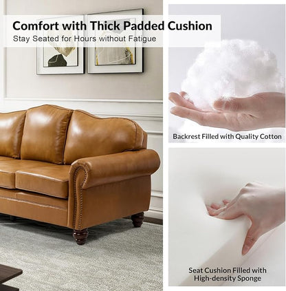 81" Genuine Leather Sofa, Classic 3-Seater Couchs with Wood Legs, Stylish & Comfortable Sofa for Living Room or Office, Easy Assembly and Maintain & Long-Lasting, Camel