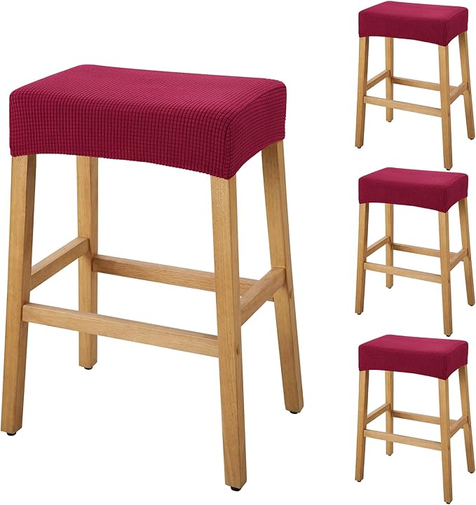YISUN Stool Covers Rectangle - 4 Pack Stretch Waterproof Saddle Seat Cover Counter Bar Stools Bar Chairs Covers Kitchen Island Chairs Cushion Protector (4, Wine Red)