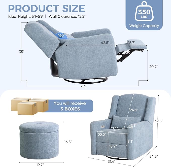 Power Recliner Chair Swivel Glider, Large Nursery Glider with Ottoman & USB Charging Port, Chenille Upholstered Rocker Glider Recliner for Nursery,Living Room, Blue