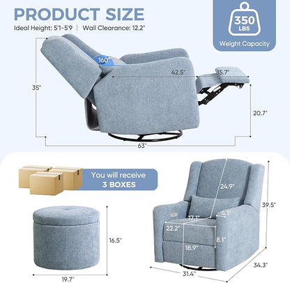 Power Recliner Chair Swivel Glider, Large Nursery Glider with Ottoman & USB Charging Port, Chenille Upholstered Rocker Glider Recliner for Nursery,Living Room, Blue