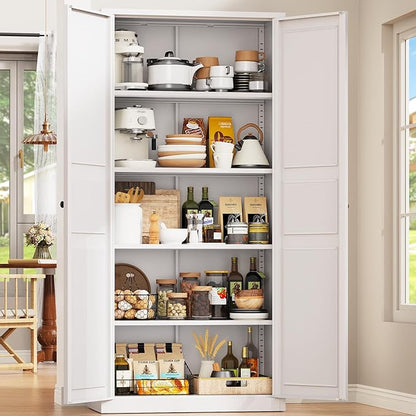 71"Kitchen Pantry Cabinet,White Metal Pantry Cabinet with 2 Doors & 4 Adjustable Shelves,Pantry Cabinets with Gold/Black Handles,Kitchen Cabinet for Dinging Room,Living Room,Assembly Required