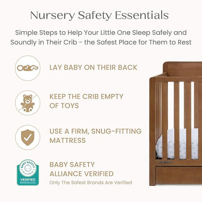 Delta Children Maya 5-in-1 Convertible Crib and Changer with Storage, Converts to Toddler Bed, Daybed, Sofa & Full Bed, Greenguard Gold Certified, 3 Mattress Heights for Baby, Chestnut