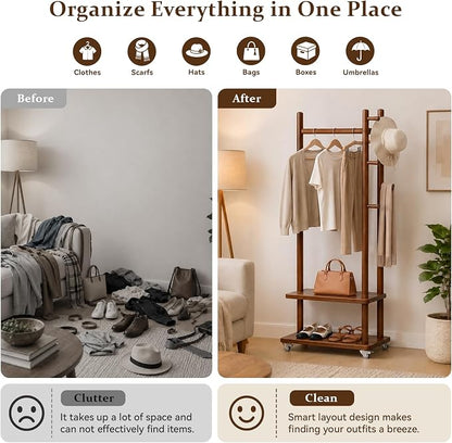 Taitiy Coat Rack Freestanding Clothing Rack with Wheels, Coat Tree Freestanding Heavy Duty with 2 Storage Shelves and 5 Hooks, Wood Garment Rack for Corner Bedroom Hallway Entryway Living Room Hotel