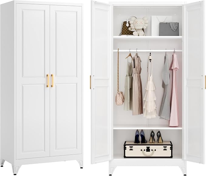 Armoire Wardrobe Closet with Hanging Rod, 71" Tall Metal Clothes Storage Cabinet with Doors and Adjustable Shelves, White Wardrobe Cabinet, Steel Closet for Bedroom, Bathroom, Office, School