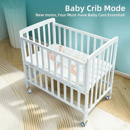 Flwrgirl Mini Baby Crib with Mattress,Portable Bedside Sleeper & Bassinet,6 Adjustable Heights,Wood Nursery Crib with Locking Wheels,Compact Baby Bed for Newborns & Infants,White