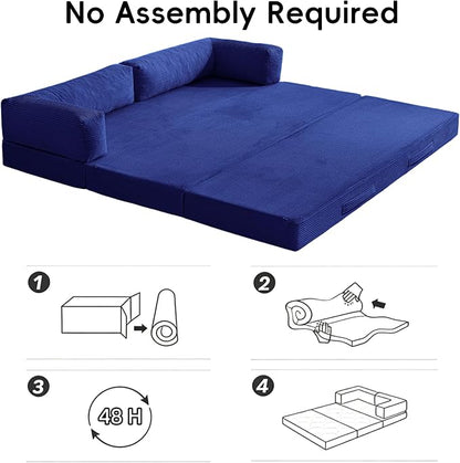 5-in-1 Convertible Sofa Bed, 78" Boneless Couch Tri Folding Mattress with Removable L-Shaped Armrests, Corduroy Futon Couch Sleeper with Pull Out Bed for Living Room Bedroom Apartment, Blue