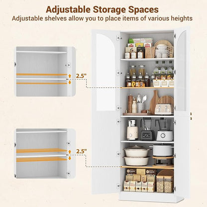 Cyclysio 80" Kitchen Pantry, Tall Arch Storage Cabinet with Tempered Glass & Soft Close Doors, Freestanding Wood Floor Cupboard Bookcase with Seamless Fit Wall for Dining Living Room, Bathroom (White)
