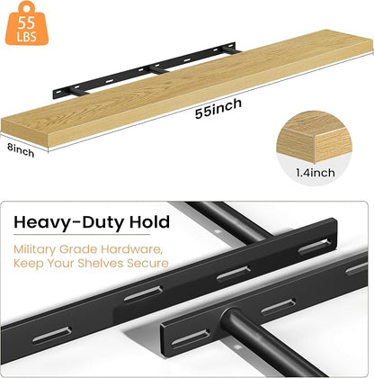 Fun Memories 55 Inch Floating Shelves - Fireplace Mantel Shelf - Deep Wall Mounted Wood Storage Shelf for Bedroom, Kitchen, Farmhouse - 1 Pack, Oak