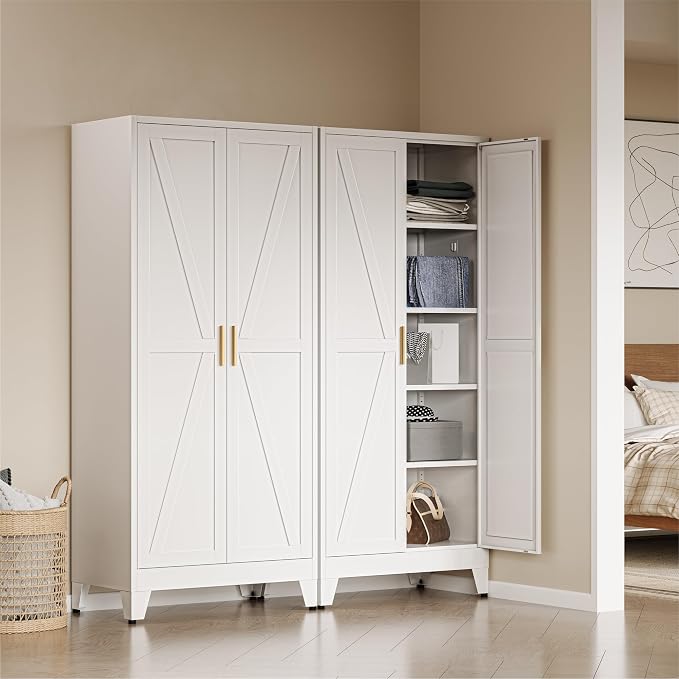 COFaR Metal Armoire Wardrobe Closet with Doors and Shelves & Hanging Rod, 71" Tall Freestanding Wardrobe Storage Cabinet, Bedroom Armoires,Steel Wardrobe Cabinet for Cloak Room,Laundry Room,Gym,Office