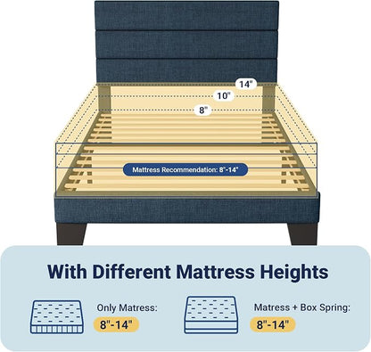 Allewie Twin Size Platform Bed Frame with Fabric Upholstered Headboard and Wooden Slats Support, Fully Upholstered Mattress Foundation/No Box Spring Needed/Easy Assembly, Navy Blue