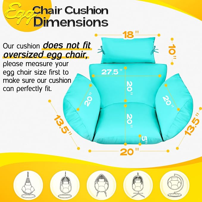 MAGIC ELEPHANT Egg Chair Cushion, Memory Foam Indoor Outdoor Hanging Egg Chair Cushion Replacement, Patio Basket Swing Cushion with Headrest (Teal)