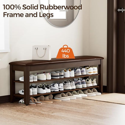 Homleke 2-Tier Solid Wood Shoe Rack Bench with Flip-Top Storage | Entryway Bench with Cushion, Adjustable Shelf, Holds Up to 12 Pairs, for Hallway, Bedroom and Closet, Walnut, 47.2 Inch