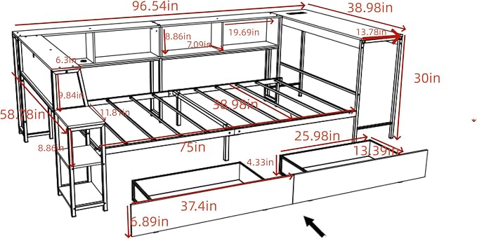 Bellemave Twin Corner Bed Frame with Desk and Storage, Twin Size cornner Bed with Charging Station and LED Light, Wood Daybeds with L-Shaped Bookcase, Black