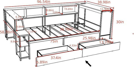 Bellemave Twin Corner Bed Frame with Desk and Storage, Twin Size cornner Bed with Charging Station and LED Light, Wood Daybeds with L-Shaped Bookcase, Black
