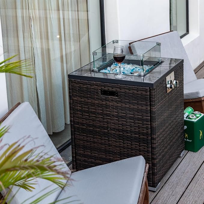 24" Square Propane Gas Fire Pit Table, 50,000 BTU Outdoor Patio Heater with Tile Top, Wicker Base, Blue Glass Beads & Wind-Resistant Glass Guard, Espresso
