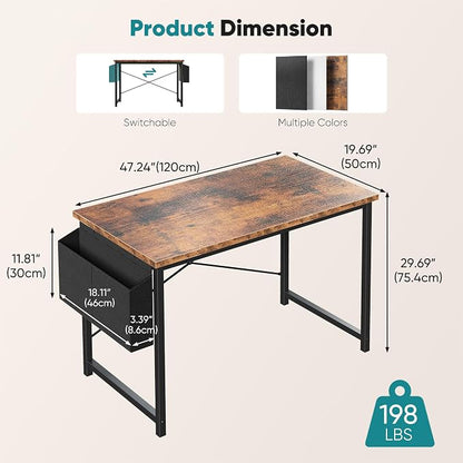 OLIXIS Computer Desk, 47 Inch Home Office Desks for Small Spaces, Writing Craft Study Gaming Table for Bedroom, Modern Computer Workstation with Storage Bag, Rustic Brown