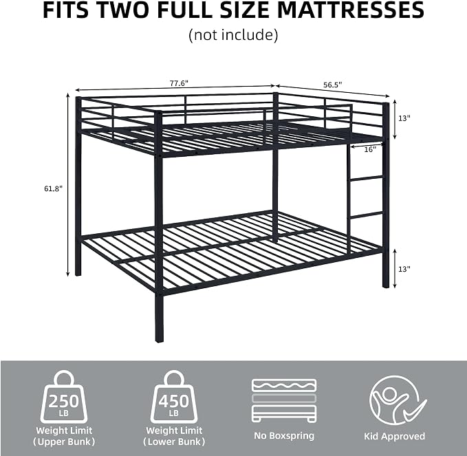 Full Over Full Bunk Bed, Metal Full Size Bunk Beds with Guardrail, Bunk Bed for Adults, Teens, Heavy Duty Bunk Beds Full Size,Safety Guardrail & Ladders, Space-Saving Design, No Box Spring Needed