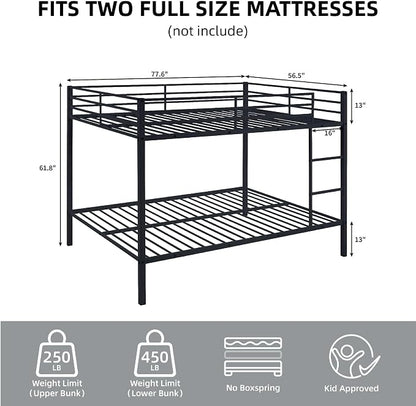 Full Over Full Bunk Bed, Metal Full Size Bunk Beds with Guardrail, Bunk Bed for Adults, Teens, Heavy Duty Bunk Beds Full Size,Safety Guardrail & Ladders, Space-Saving Design, No Box Spring Needed