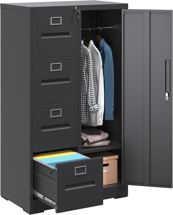 IKIMI 4 Drawer Black File Cabinet with 1 Door,Metal Storage Locker Cabinets for Employees,Home Office Lockable Steel Filing Cabinets for Legal/Letter Size Files, Assembly Required