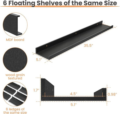 upsimples Floating Shelves for Wall, 35.5 Inch Shelves for Decor Storage Set of 6, Wall Mounted Wood Shelf for Bedroom, Living Room, Bathroom, Kitchen, Long Picture Ledge Shelves, Black