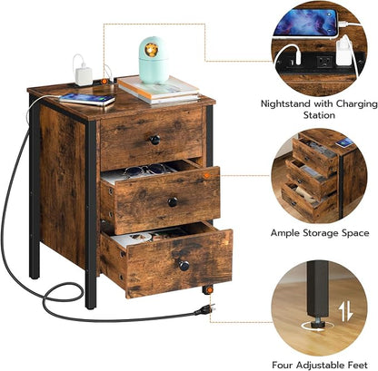 HOOBRO Nightstand with Charging Station, Side Table with 3 Drawers and Storage Shelf, End Table with USB Port, Retro Industrial Style Bedside Table, for Living Room, Bedroom, Rustic Brown BF461BZ01G2