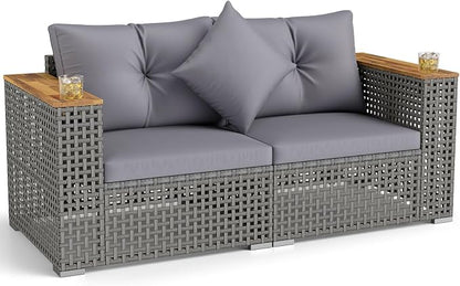 Tangkula 62.5" Large Patio Wicker Loveseat with Acacia Wood Armrests & Cup Holders, Outdoor 2-Piece Rattan Corner Sofa with Cushions, Sectional Conversation Set for Garden Backyard Porch Balcony, Grey