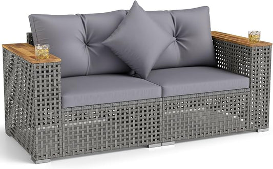Tangkula 62.5" Large Patio Wicker Loveseat with Acacia Wood Armrests & Cup Holders, Outdoor 2-Piece Rattan Corner Sofa with Cushions, Sectional Conversation Set for Garden Backyard Porch Balcony, Grey