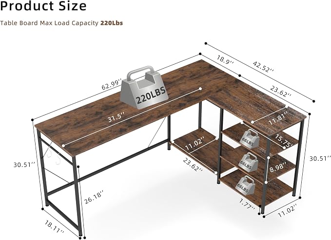YOSHOOT 63" L Shaped Computer Desk, Gaming Desk | Office Desk with Open Shelves, Corner Desk L Shape for Home Office Work Study, Rustic Brown