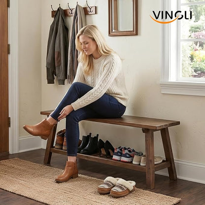VINGLI Rustic Storage Bench, Solid Wood Seat with Storage Shelf, Indoor Outdoor Shoe Rack, 450lbs Capacity Small Outdoor Bench for Mudroom Entryway Patio Porch (Brown, 43in)
