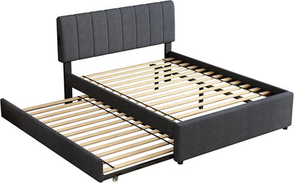 Full Size Upholstered Platform Bed with Pull-Out Trundle Bed | Twin Size Trundle, LED Lighting Controlled by APP, USB+Type-C Charging Ports, Linen Upholstered Bed Frame,Dark Grey