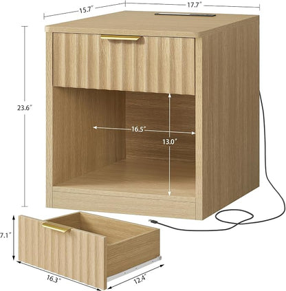 TEENFON Fluted Nightstands Set of 2, Bed Side Table with Charging Station and LED Light, Night Stand with Storage Drawer and Open Shelf, End Table for Small Space, Bedroom, Natural