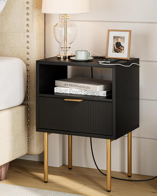 Masupu Nightstand with Charging Station,Mid-Century Modern Bedside Table with Storage Drawer and Open Wood Shelf,Small Gold Frame Side Table for Bedroom,Living Room (Black)