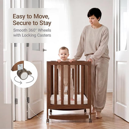 MAMAZING EvoNest 6-in-1 Convertible Baby Mini Crib with Wheels | GREENGUARD Gold Certified, New Zealand Pine Wood, 4 Adjustable Heights, Rocking Mode, Small Spaces Design, Walnut Brown