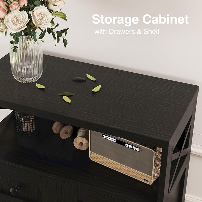Befrases Black Storage Cabinet with Drawers and Shelves, Freestanding Black Kitchen Pantry, Floor Storage Cabinet Hutch Cupboard for Dining, Living Room, Home Office