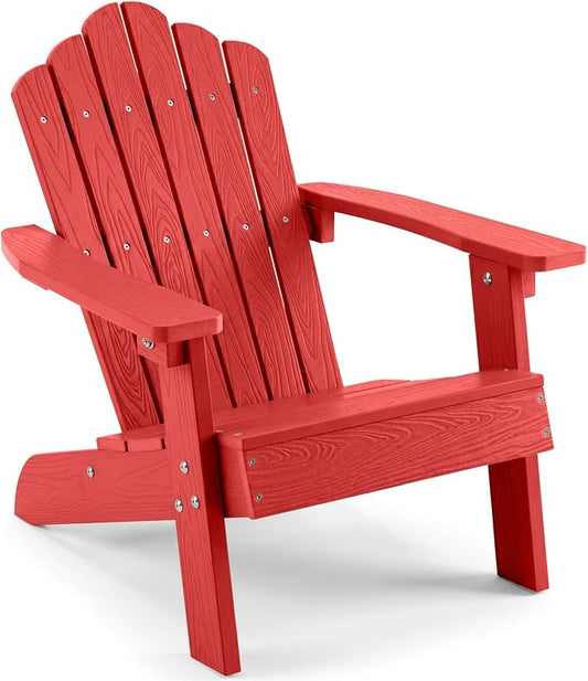 Costzon Kids Adirondack Chair, All-Weather HIPS Toddler Outdoor Chair, Wooden Textured Plastic Fire Pit Chair, Kids Patio Chair for Backyard Lawn Garden, Fits Children Age 3-7 Years (1, Red)