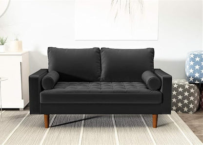Container Furniture Direct Womble Mid Century Modern Velvet Upholstered Tufted Seat with Bolster Pillows, Sofa, Black