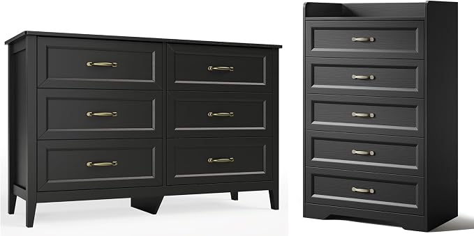Gizoon 2-Piece Bedroom Furniture Set, 2-PC Dresser Set for Bedroom, Includes a 5 Drawer Dresser and a 6 Chest of Drawers, with Smooth Rail, Handles, Anti-Tipping, Large Storage Space, Black