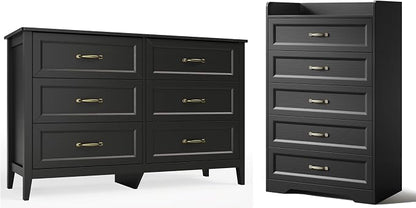 Gizoon 2-Piece Bedroom Furniture Set, 2-PC Dresser Set for Bedroom, Includes a 5 Drawer Dresser and a 6 Chest of Drawers, with Smooth Rail, Handles, Anti-Tipping, Large Storage Space, Black