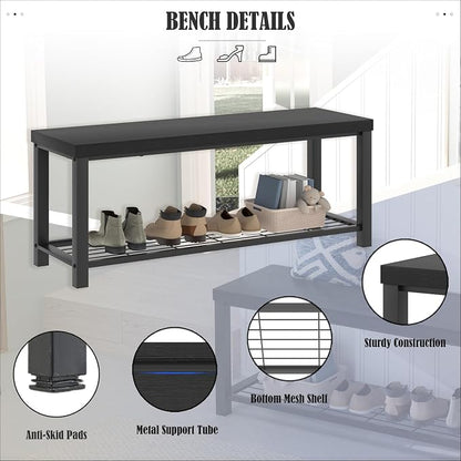 EXCEFUR Entryway Bench, Modern Wood and Metal Storage Bench for Hallway Front Door Entrance, Industrial Indoor Shoe Rack Bench Seat for Bedroom Living Room, 43.3 Inch Black