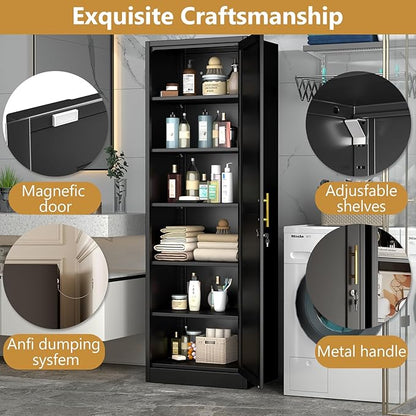 Tall Narrow Slim Metal Storage Cabinet with Lock and 5 Adjustable Shelves,Steel File Cabinets,Kitchen Pantry Cabinet Locker Organizer - 67" Storage Cabinets for Bathroom,Bedroom,Office,Black