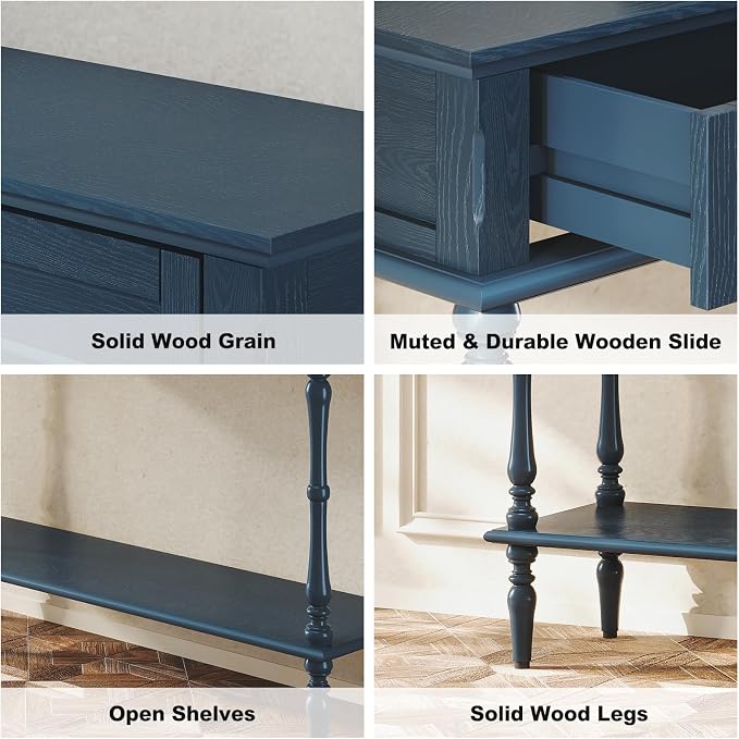ARTPOWER Console Table for Entryway with 2 Drawers-Minimal Assembly,Blue Retro Entryway Table with Storage Cabinets and Open Shelf,Narrow Long Couch Table Behind Sofa for Living Room,Foyer,Hallway