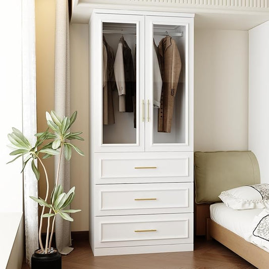 FUFU&GAGA Wardrobe Closet with Glass Doors, 3 Drawers, Modern White Bedroom Armoire with Gold Handles, Modern Clothes Storage Cabinet with Shelf, Hanging Rod, 31.7”W x 19.3”D x 74.8”H