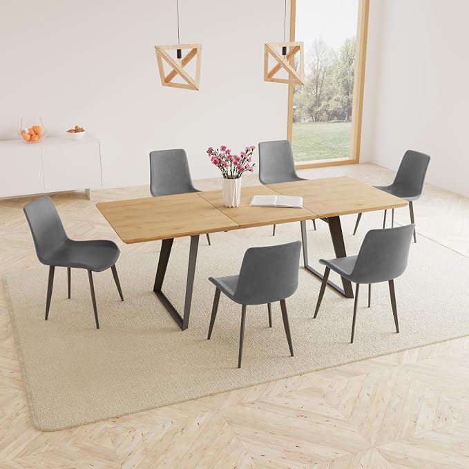 ZckyCine 51‑67 Inch Expandable Dining Set with 6 PU Leather Chairs, Wooden Furniture for Small‑Size Homes