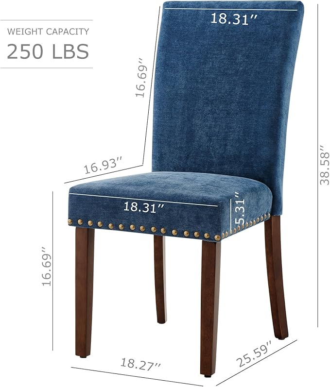 COLAMY Upholstered Parsons Dining Chairs Set of 2, Fabric Dining Room Kitchen Side Chair with Nailhead Trim and Wood Legs - Dark Blue